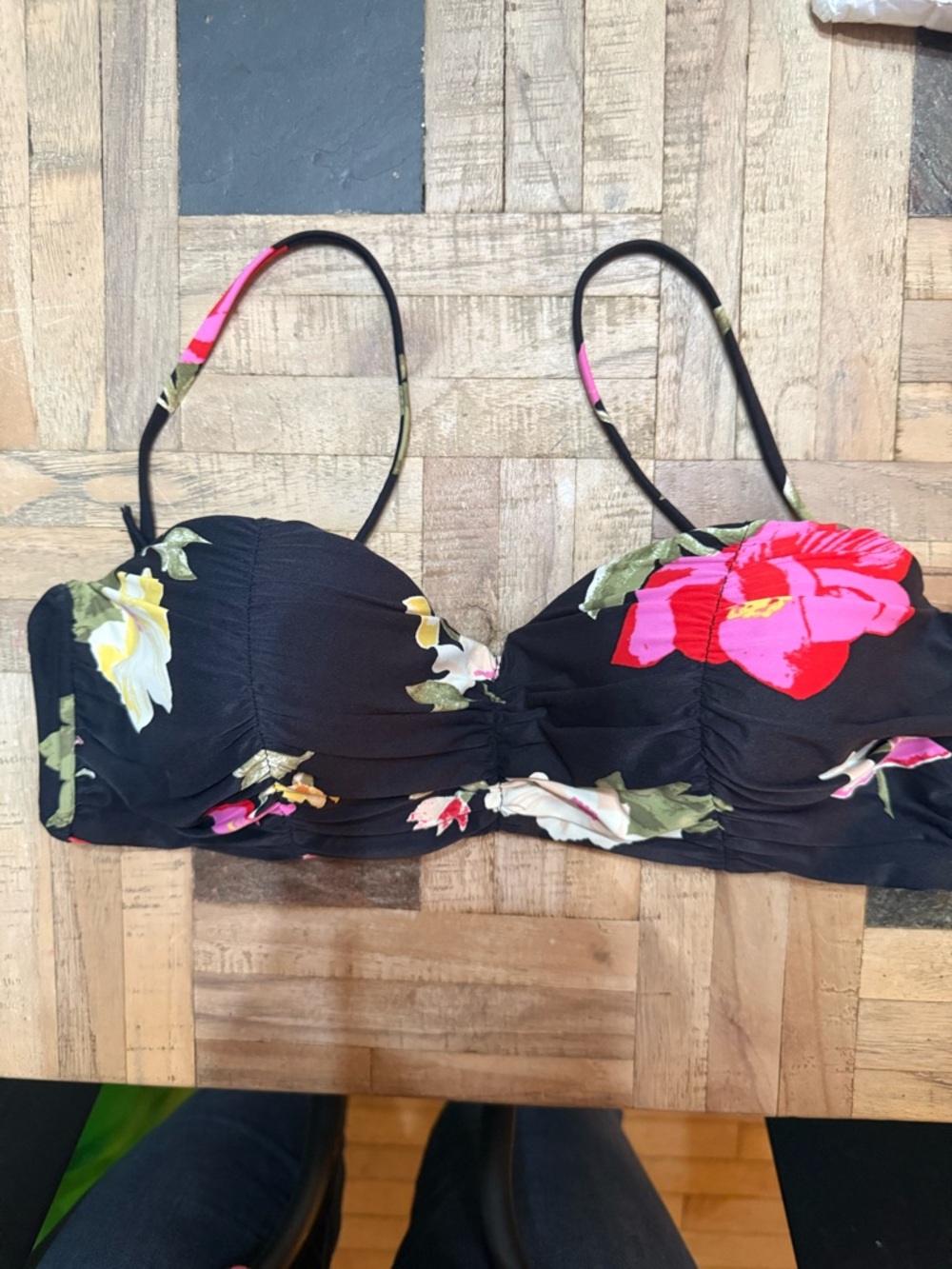 Billabong Black Floral Bikini Top with Pink & Yellow Flowers